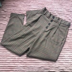 High-Waist Plaid Button Up Trousers